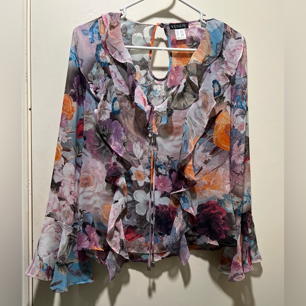 VENUS Floral Ruffle Blouse - Pink, Blue, Orange